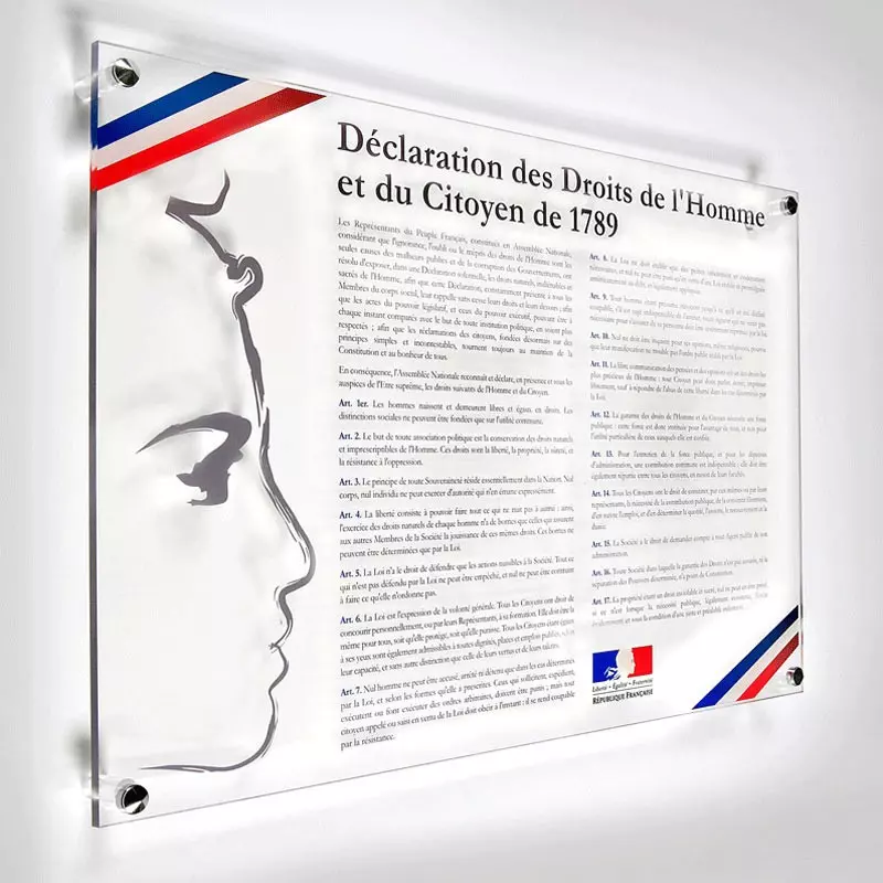 La plaque Déclaration Universelle des Droits de l'Homme et du Citoyen, en  version classique. PLEXI ou PVC.