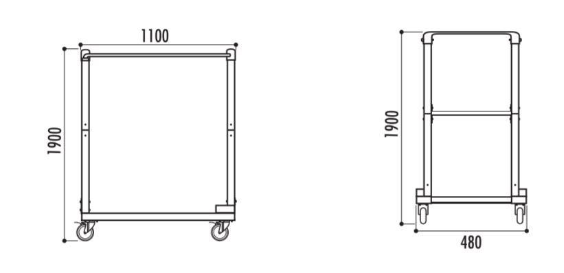 Dessin technique avec dimensions du chariot Norman trolley pour chaises Prato ou Malaga - DMC Direct